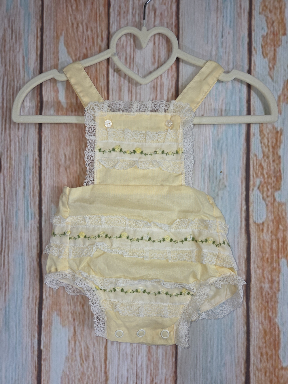 Vintage Samara Yellow Lace Trim Baby Romper with Terry Cloth Bonnet. Size 0-3